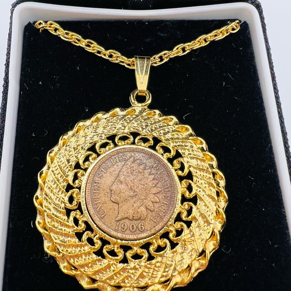 Regal Gems 1906 Indian Head Penny Pendant Gold Tone Necklace - Picture 2 of 3